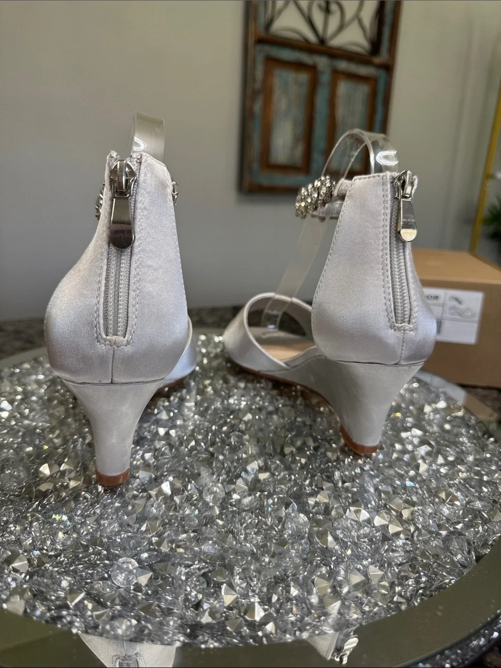 Journee Collection Conner Silver Satin Wedge Sandals Crystal Ankle Strap NEW 8.5